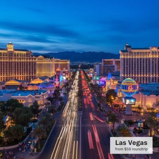 The Las Vegas strip at night, a popular cheap getaway from Burbank airport
